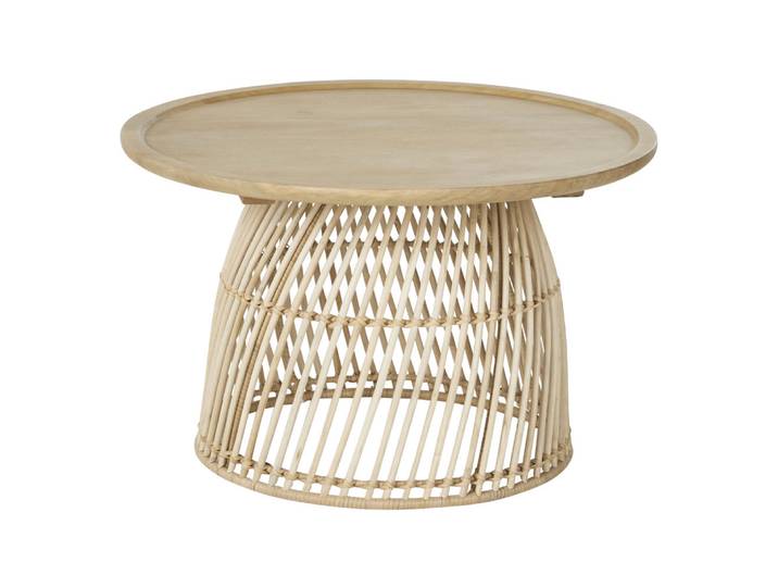 Runder Couchtisch aus massivem Mangoholz und beigem Rattan 70 cm