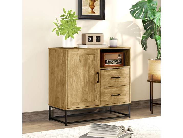 HOMCOM Buffet Rangement 2 Tiroirs Étagère Réglable Naturel