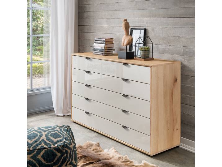 Enfilade avec 5 tiroirs 141 x 86 x 43cm Beige/Marron/Champagne Chêne