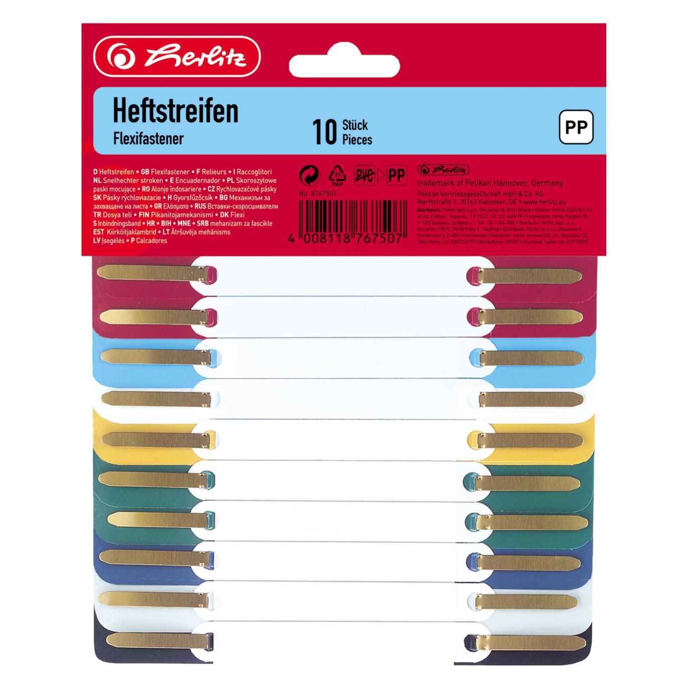 Herlitz Heftstreifen, 34 x 150 mm, PP-Folie, farbig sortiert mit Plastik-Deckleiste, Lochung: 60-80 mm, sort (8767501)