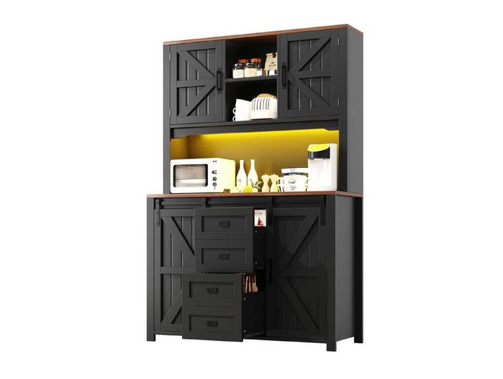 SeedWave Buffet Vielseitiges Küchenbuffet mit X-förmigen Fronten, LED-Beleuchtung Geschlossene und offene Fächer, 2 tiefere Schubladen
