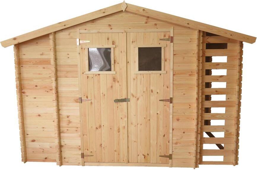 Gerätehaus Eisenstadt - 3,12 x 2,00 Meter aus 19mm Blockbohlen inkl extra Lagerraum und Kaminholzunterstand