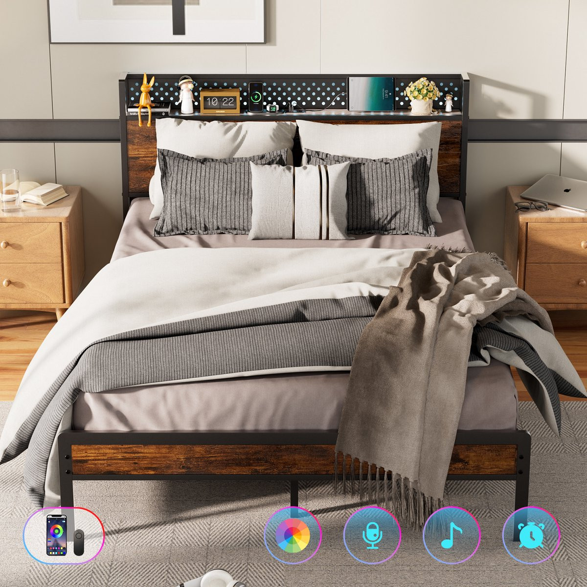 KUTAS Heavy Duty Metalen Tweepersoonsbed met LED-verlichting, USB-poorten en nachtkastjes, 140 x 200 cm