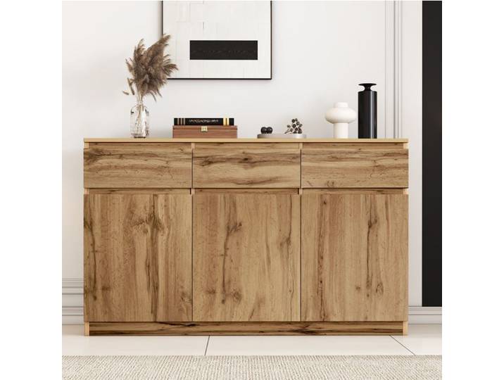 Buffet bas bois naturel 135 x 40 x 81 cm 3 portes 3 tiroirs enfilade rangement JOINERY