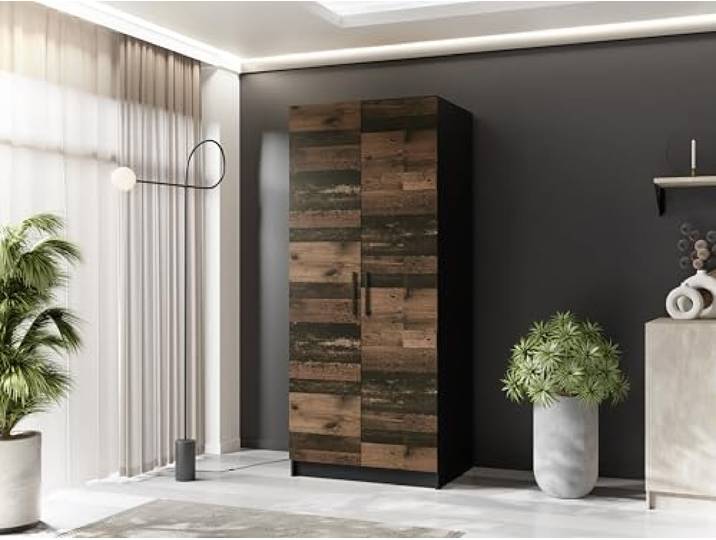 KIER FURNITURE - Drehtürenschrank - Kleiderschrank mit Kleiderstange - Garderobenschrank für Schlafzimmer, Flur - Flurgarderobe Schwarz & Old Style Holzoptik - 78x205x52,5 cm
