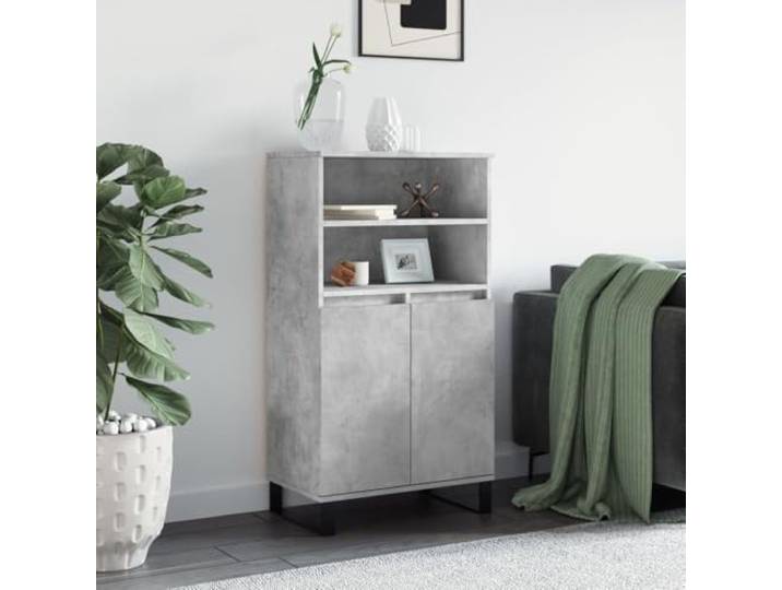 RJPLMFV Anrichte hoch, grau, Beton, 6 Fächer, Holz, Technik Füße aus Metall, Flügeltüren, feuchtigkeitsbeständig, Wohnzimmermöbel