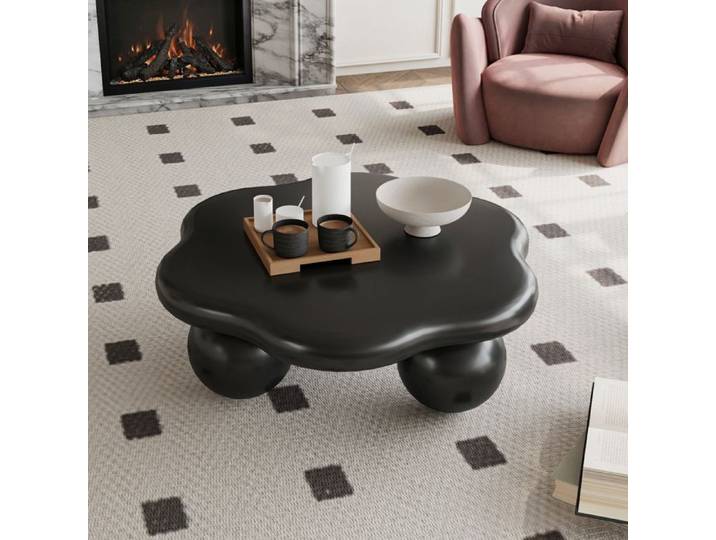 Table basse nuage noire mate 80 cm en MDF design minimaliste avec pieds sphériques