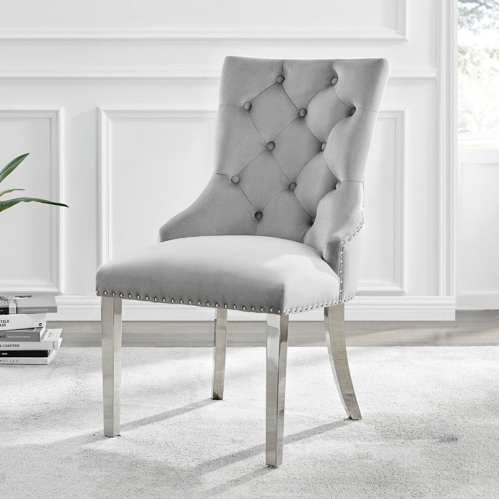 Canora Grey Eubanks Velvet Knockerback Dining Chairs with Metal Rivets and Chrome Legs Grey/Silver 99cm H X 55cm W X 61cm D