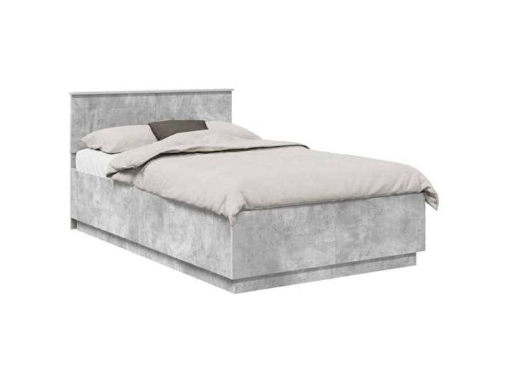 PUGYNBK Bettgestell mit Kopfteil, Betongrau, 135 x 190 cm Massivholz, quadratische Beine, verstellbares Kopfteil, Wandmontage, einfache Reinigung