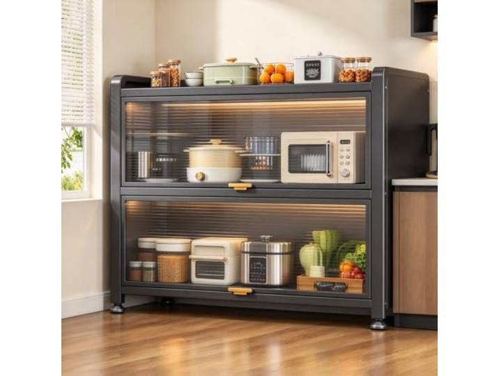 LJWFZBD Küchenschrank mit transparenten Türen, freistehendes Küchenregal Stabiler Metallrahmen, klappbare PC-Türen,platzsparend, Befestigung mit Schrauben(3 Tiers-47.2 W*12.6 D*31.5 H)
