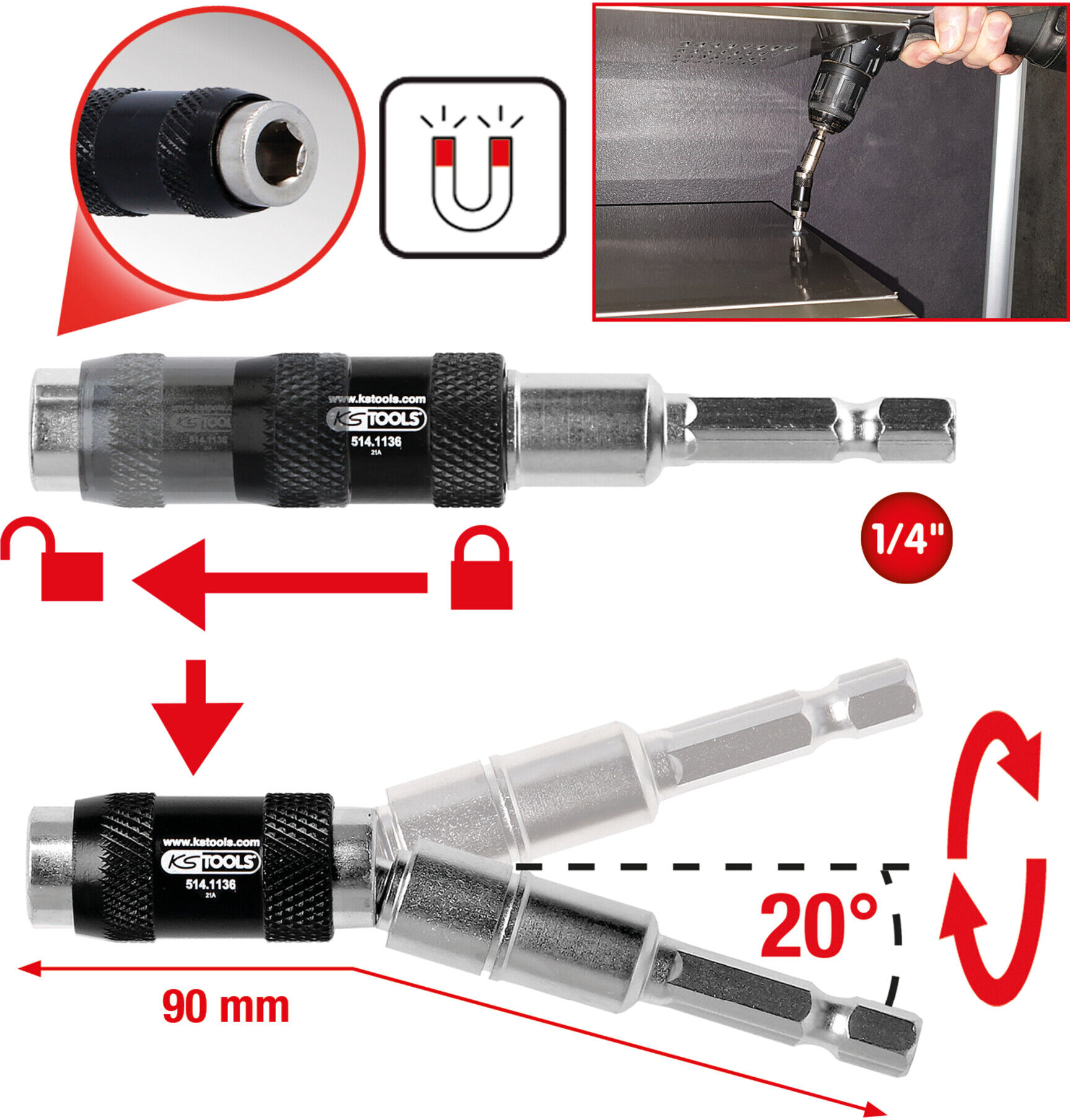 KS Tools Magnetischer Schnellwechsel-Bithalter mit Gelenk 1/4 Zoll (514.1136)