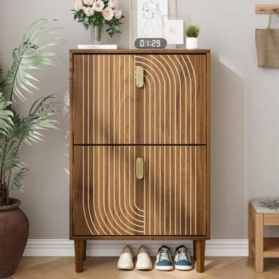 Loedds Freestanding Shoe Storage Cabinet 2 Flip Drawers Metal Handles Line Groove