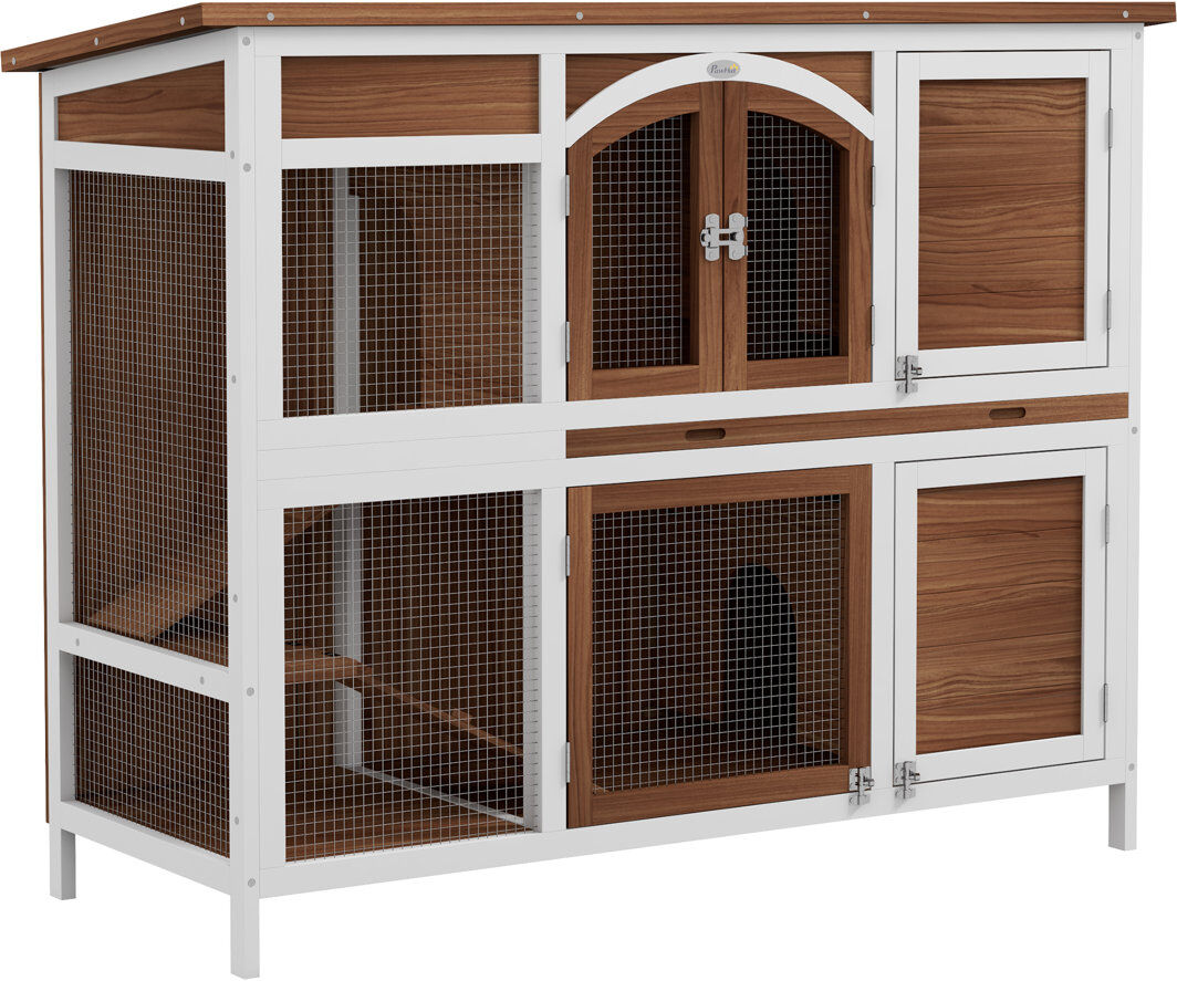 PawHut Rabbit Hutch Guinea Pig Hutch 2-Tier Wooden Cage with Ramp Roof Brown Outdoor eco-friendly water paint 254cm H X 317.5cm W X 121.92cm D