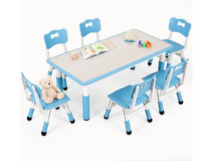 Clevich Kindertisch mit 6 Stühlen,Kinder Tisch Stuhl Set für Kindergarten und Kinderzimmer,Kindertischgruppe Höhenverstellbar,Plastik Kindermöbel,Sitzgruppe für Jungen Mädchen