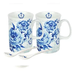 2 Teetassen + Löffel blau Rosen Dekor Tassen Teebecher Geschenk Porzellan