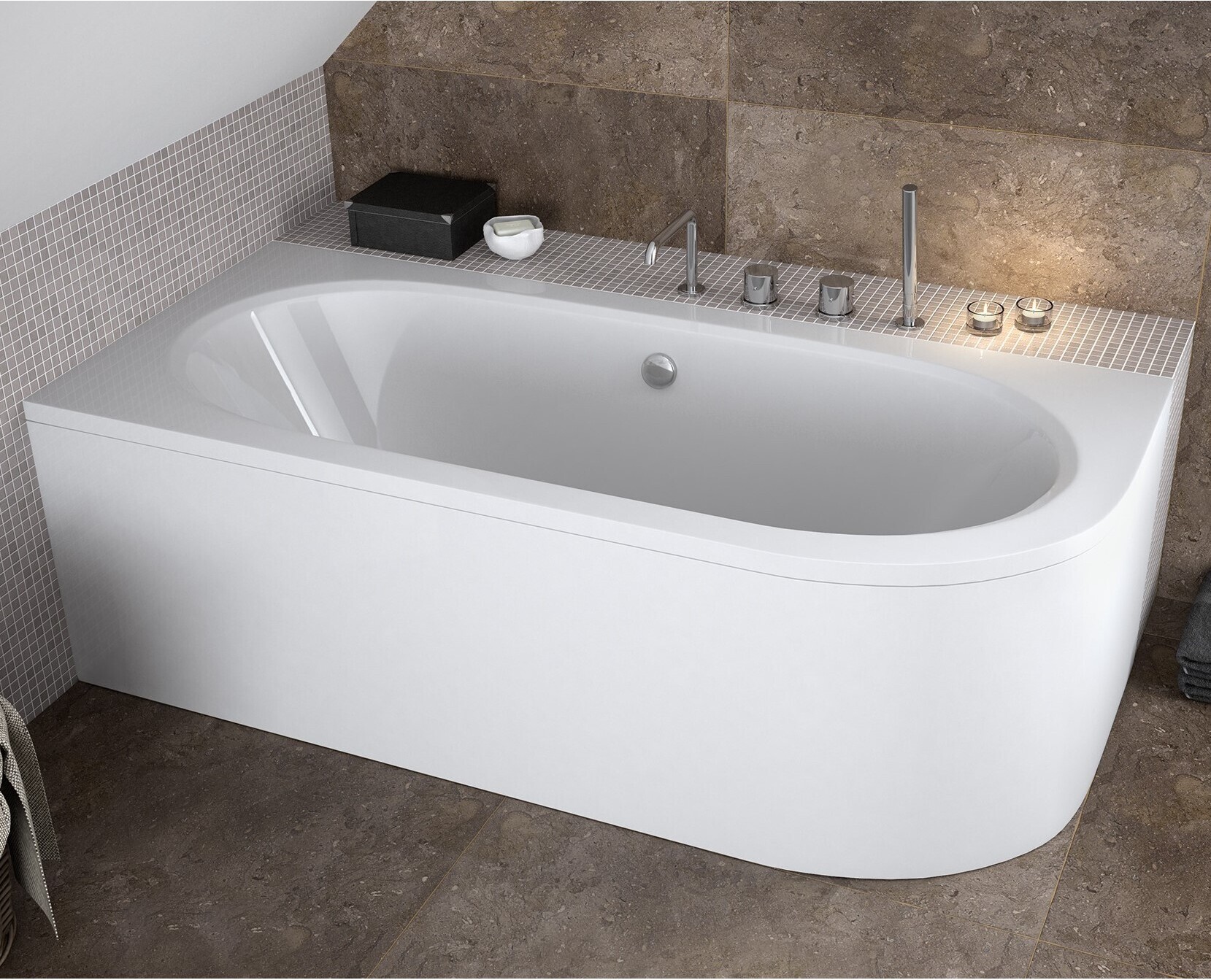 ECOLAM Badewanne 170x75 LINKS Avita Eckbadewanne mit Schürze | Acrylwanne Mittelablauf für ZWEI + Schürze Füße Silikon Ablaufgarnitur Komplettset