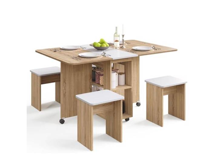 Mondeer Klappbarer Esstisch mit 4 Stühlen, 120cm Essgruppen Kleine Räume Küchentisch mit 4 Hockern,6 Rollen Lassen Sich Arretieren,2 Ablagen,Wohnzimmer,Küche,Esszimmer,Eiche und Weiß