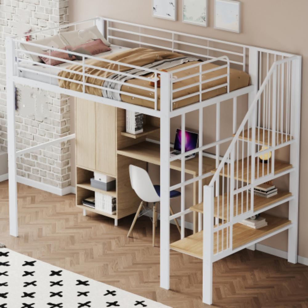 Etagenbett, Hochbett Metallkonstruktion mit geräumigem Stauraum unter dem Bett und Treppe, Stauraumbett für Platzeffizienz 140 x 200