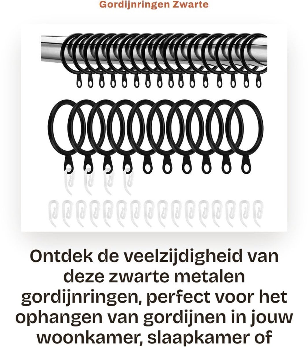 Dailygoods Gordijnringen 100 stuks - Zwarte metalen gordijnhaken - 33 mm