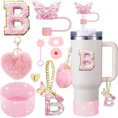 Inspire Select 9pcs Stanley Cup Accessories Set Silicone Boot, Butterfly Straw Cover, Spill Proof Stopper & Initial Charm Kit b Heart Pink 9pcs
