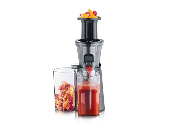SEVERIN Slow Juicer - Centrifugeuse pour jus\, sorbets\, glaces\, confitures et autres\, presse-agrumes électrique en acier inoxydable\, nettoyage facile\, bac de récupération de 1L\, 150 Watt\, ES 3571