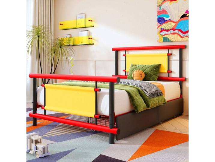 Lit Enfant Métal Rouge Noir 90x200 Acier Solide Tiroirs Lit Plateforme Gain Place sans Matelas