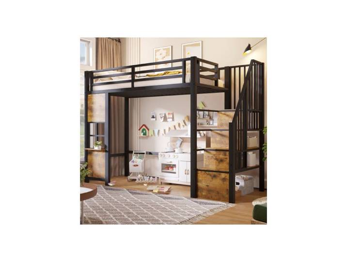 Lit Mezzanine - WESTYLE - 90x200 - Métal & MDF noir - Escalier de rangement - Grand espace sous-lit