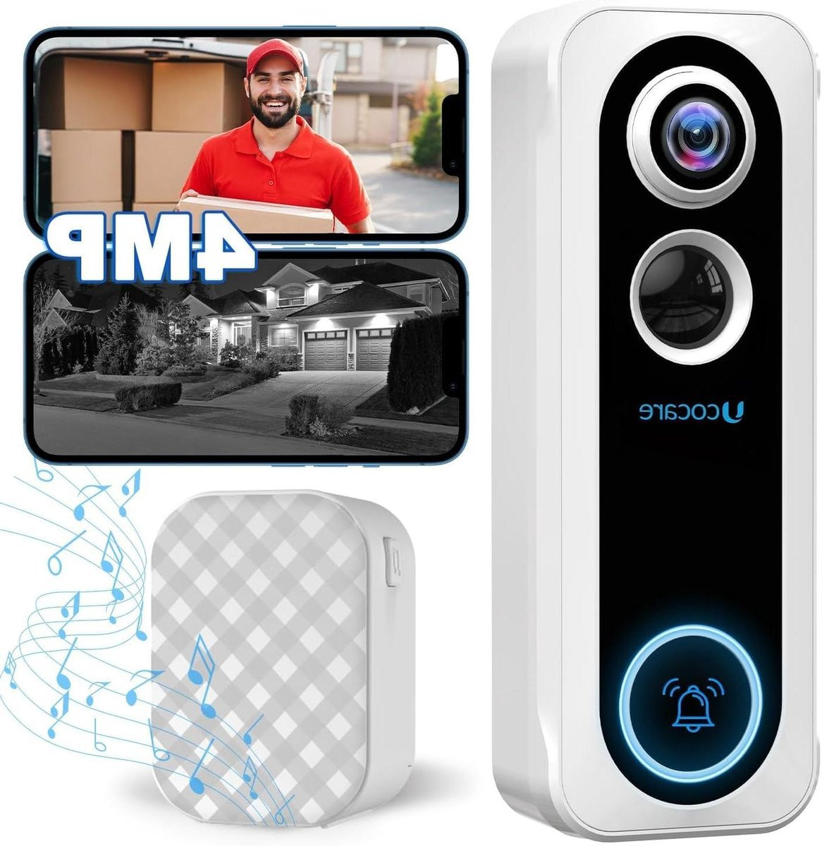 Slimme draadloze video deurbel met WiFi, nachtzicht en tweeweg audio in het wit