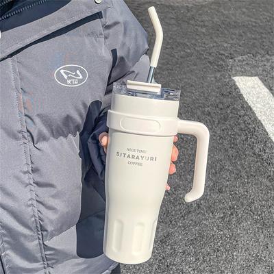 Combo Retail Shop Stainless Steel Insulated Cup With Handle & Straw, Ice Tumbler Keeps Cold For Car, Coffee, Water white