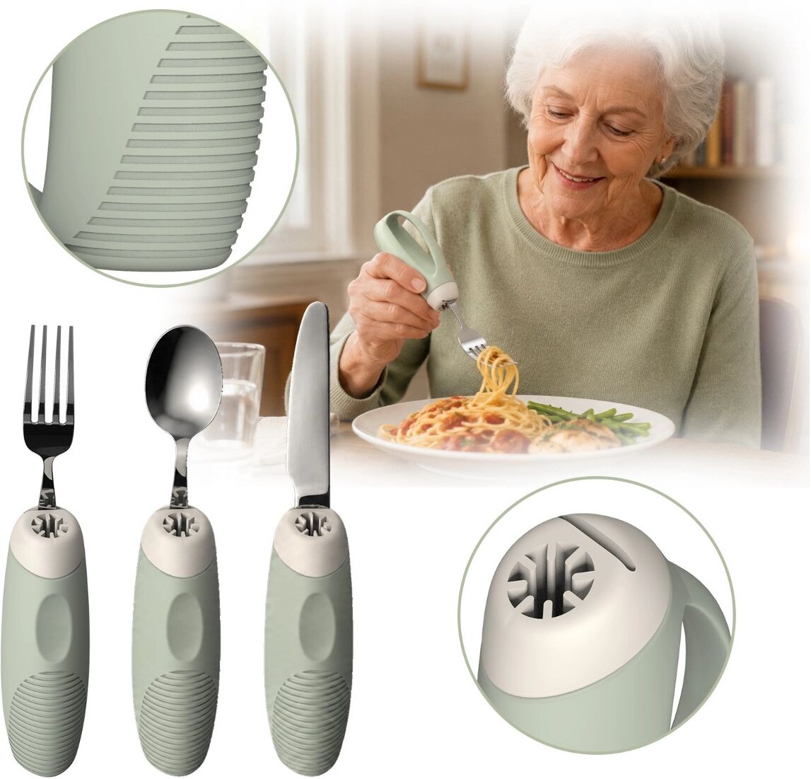 INF Anti-Tremor Universeller Silikon-Griff für Besteck — Rutschfester, 5mm verdickter Griff für stabiles Essen und Grün
