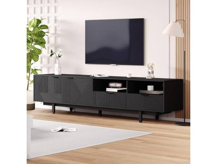 Merax TV Schrank, Fernsehtisch mit 2 Fächern 2 Schublade und Offenes Fach, Modern Fernsehschrank Lowboard für 90 Zoll TV, böhmischer TV Board Sideboard für Wohnzimmer & Esszimmer, 200x40x51cm, Schwarz