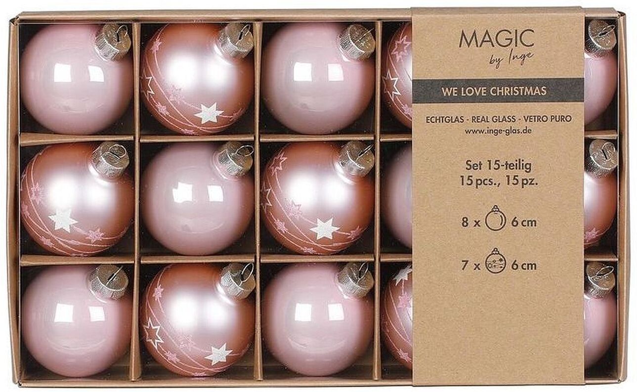 Weihnachtsbaumkugel "INGES CHRISTMAS DECOR Lovely Magnolia Ø 6 cm, 15 Stück, Hellrosa", rosa (hellrosa), Ø:6cm, Kunststoff, Weihnachtsbaumkugeln, Weihnachtsbaumkugel hellrosa 6cm