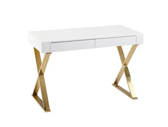 FineBuy Schreibtisch 118x57x76 cm Hochglanz Weiß, Metallbeine Gold Computertisch im Glamour Look, Bürotisch auch als Konsolentisch und Schminktisch nutzbar, PC Tisch
