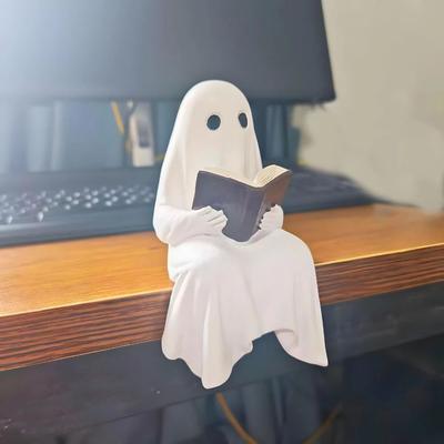Inspired Living Cozy Reading Ghost Statue Resin Halloween Decor For Book Lovers Cozy Reading Ghost Statue Resin Halloween Decor For Book Lovers