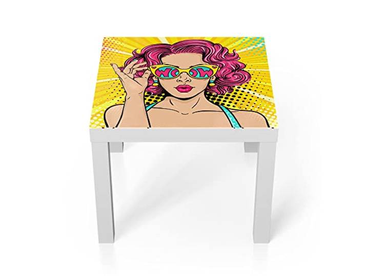 DEQORI Glastisch weiß klein 55x55 cm Motiv Frau mit Sonnenbrille ausgefallener Beistelltisch aus Glas Hochglanz Couchtisch fürs Wohnzimmer moderner Couch Tisch mit Design