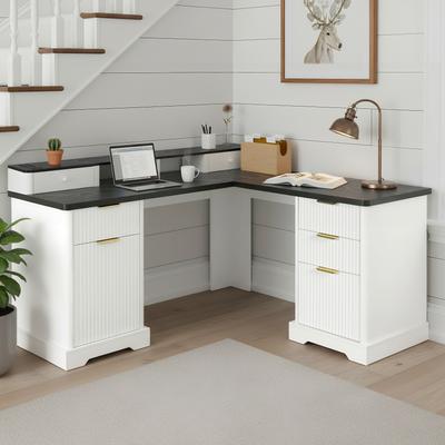 Modern L Shaped MDF Desk with Charging Station and Storage by GDFStudio