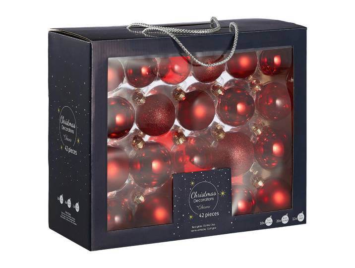 Christbaumkugel-Set, Rot, Dunkelrot, Glas, 42-teilig, Weihnachten, 5 cm,5 cm Schubladen, Dekoration, Weihnachtsdekoration, Christbaumschmuck, Weihnachtskugeln