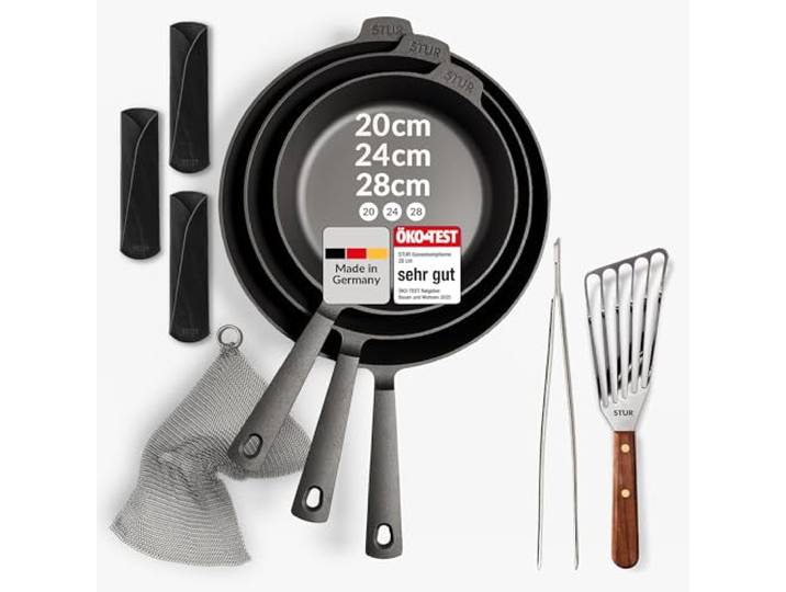 STUR Pro-Set Gusseisenpfanne 20/24/28 cm, 3x Griffschutz & Pfannenwender Cast Iron Pan Set, Ringreiniger Edelstahl, Kochpinzette, kratzfest, Antihaft-Beschichtung, alle Herdarten, Made in Germany