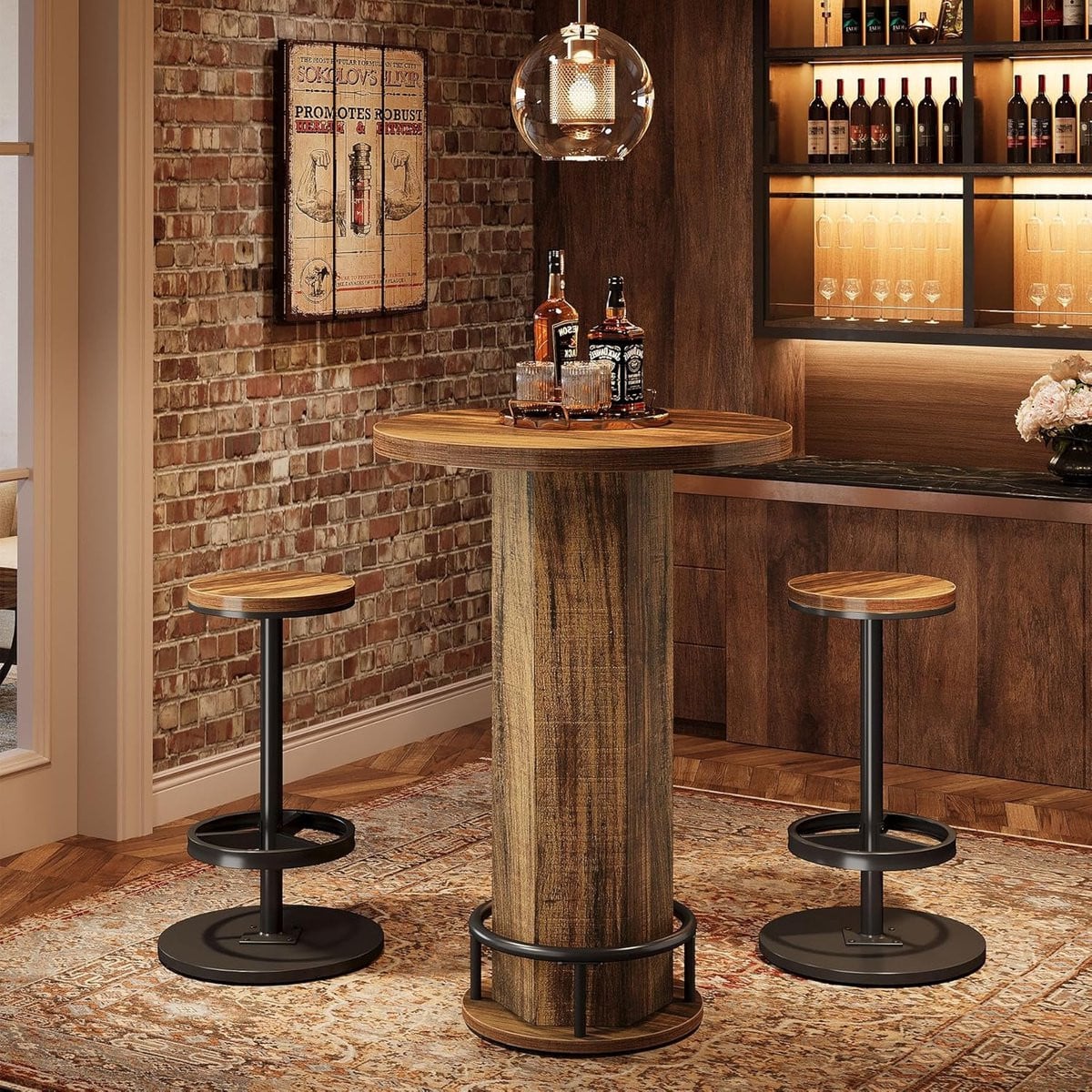 Tribesigns Ronde Bartafel met Stoelen – Industriële Cocktailtafel met Metalen Ringvoetsteun voor Keuken of Appartement