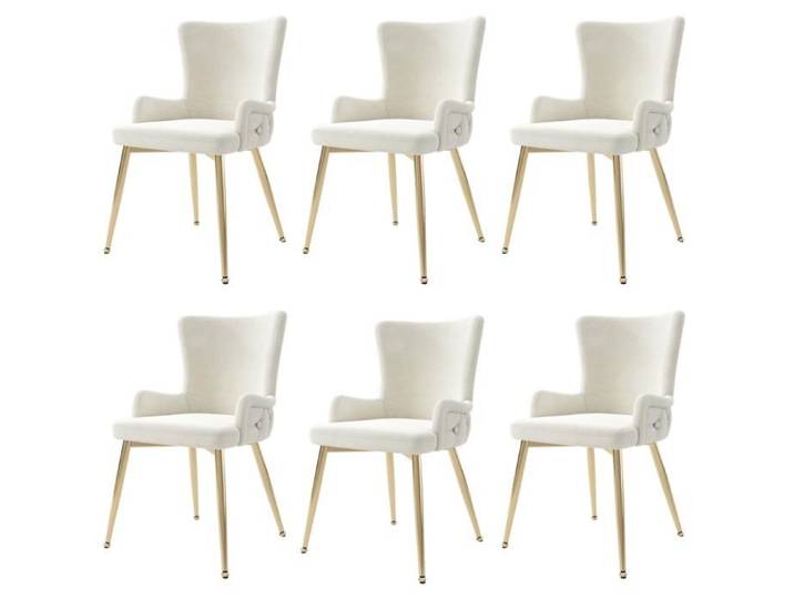 Ensemble 6 chaises velours beige luxe pieds métal doré design élégant pour salle à manger et salon raffiné