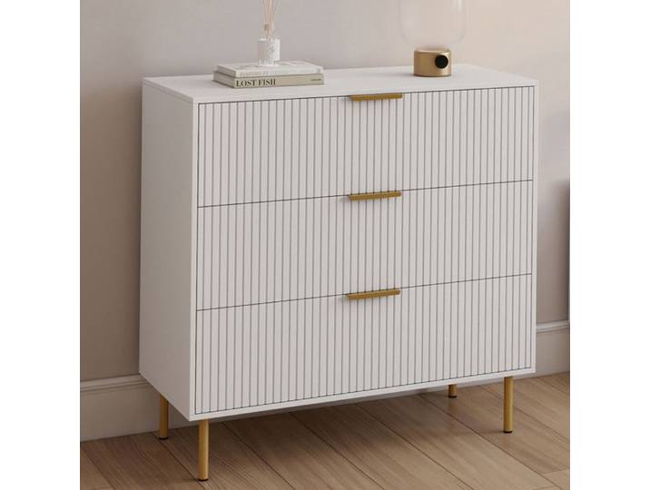 IDMARKET Commode 3 tiroirs MARCEL 80 cm lattes blanc et doré