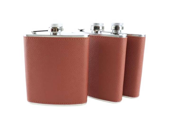 HIXA Heupfles - Bruin - 3 Stuks - Flacon - Veldfles - RVS - Drinkfles - Platvink - Leder - 200ml - BROWNY