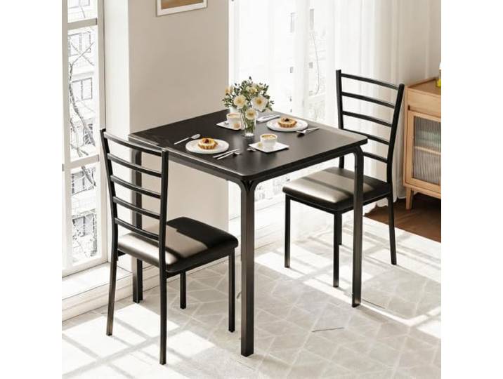 GarveeMore 3-teiliges Essgruppen-Set – Quadratischer Tisch mit 2 Barhockern und Weinregal, platzsparend für kleine Küchen & Wohnungen – Schwarz mit Relief
