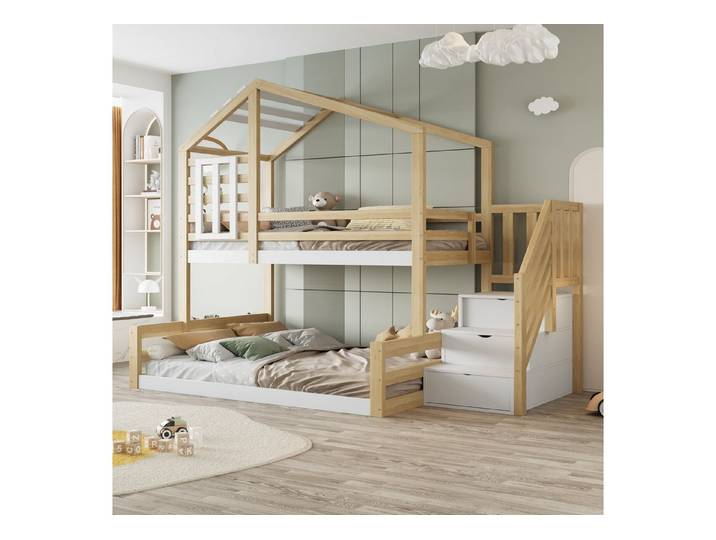 Flieks Etagenbett, Kinderbett 90x200cm+140x200cm mit Haus-Fenster-Design, Stauraumtreppe
