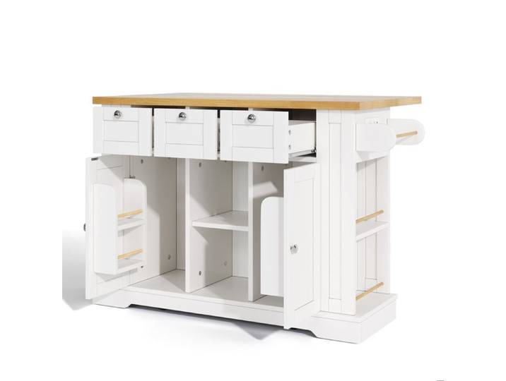 Îlot central mobile – cuisine – plan de travail rabattable – 3 tiroirs – blanc et naturel
