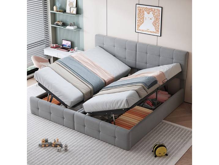 Lit double 180x200 cm Lit rembourré Lit de rangement hydraulique Lit double Tissu velours - SWEIKO - Gris