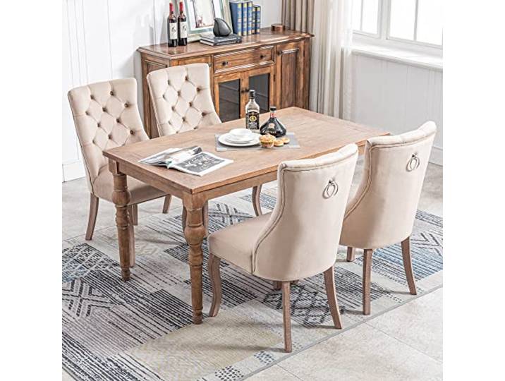 Moimhear 4-Fußstuhl, Stuhl Beige Samt Esszimmerstuhl，hohe Rückenlehne, mit Knopfsteppung, Gestell aus Massivholz, Beige, Set, 4 St (4)
