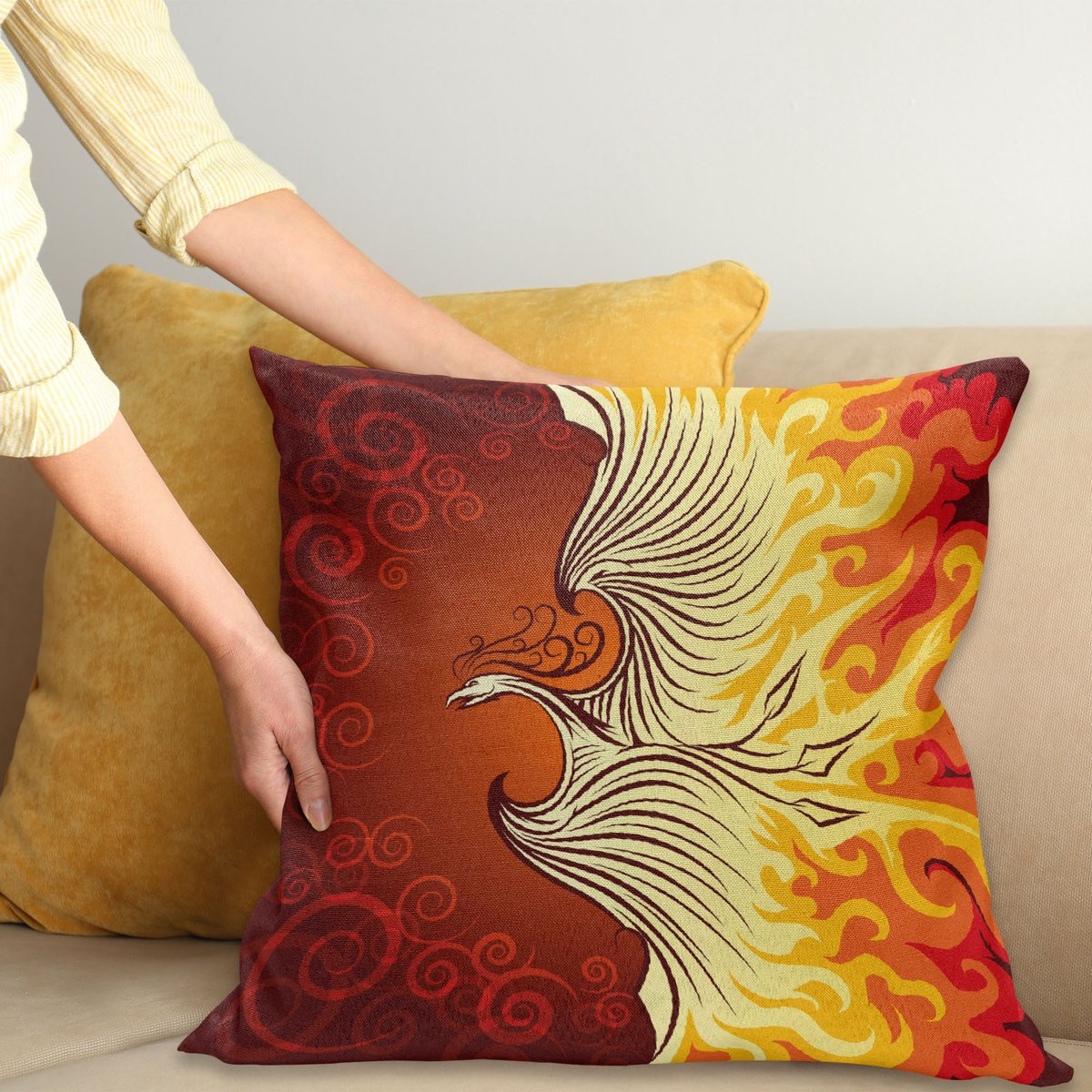ABAKUHAUS Kussenhoes Phoenix-Vogel in Flammen, Oranje Geel, 50 x 50 cm