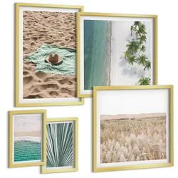 BILDER SET 5er Set - 50x50 cm & 20x30 cm & 40x60 cm Goldrahmen - Urlaubsblick Strand Meer