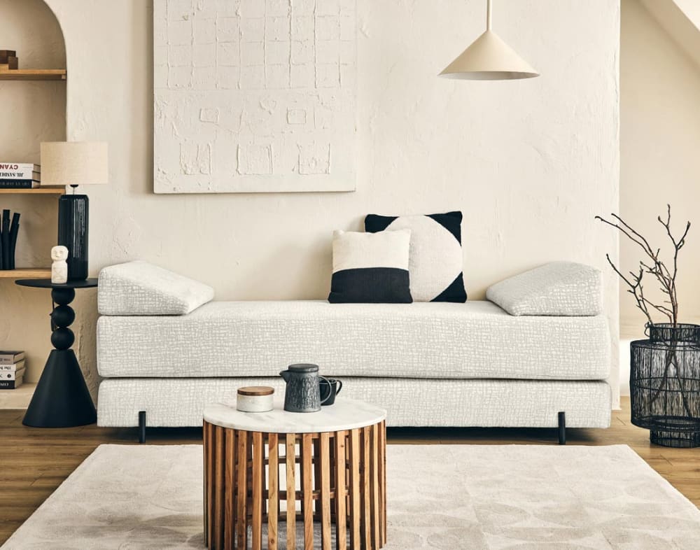 Best Mobilier Banquette 3 places convertible en tissu velours relief ecru Blanc 196x85x84cm